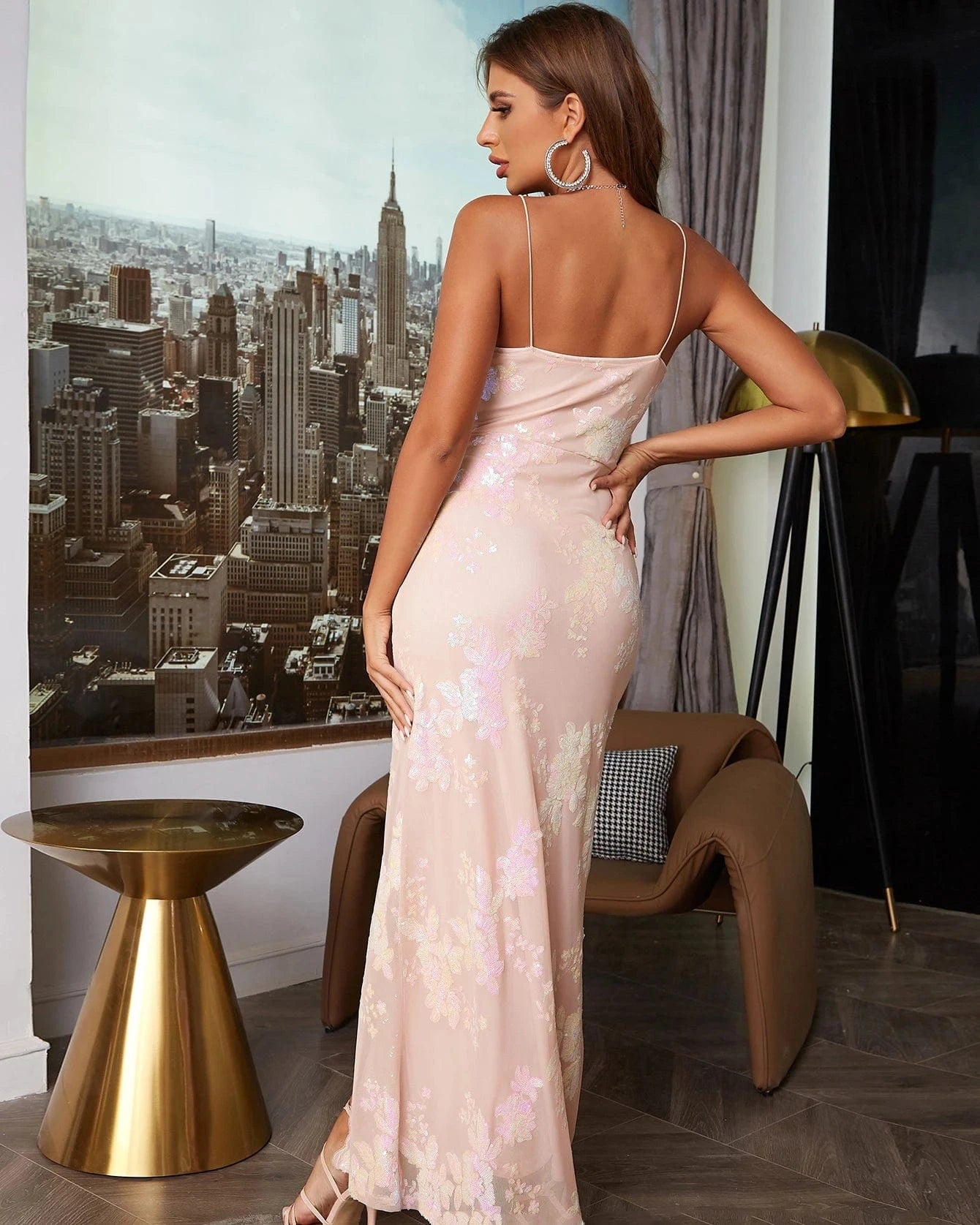 DMU90063 New Sequined Spaghetti Strap Gauze Sexy Woman Dress Split Casual Party Evening Dresses Summer Elegant Slim Vestidos