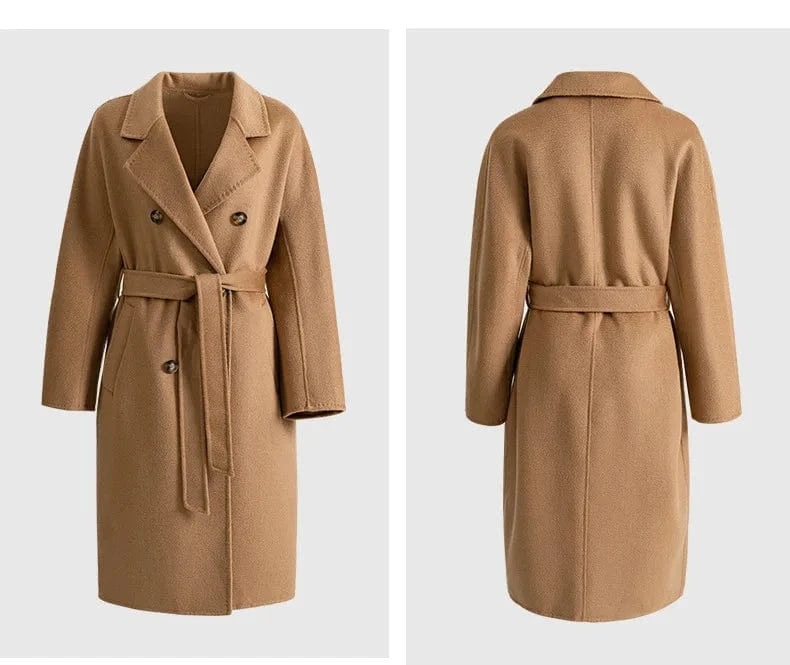 Double Breasted Cashmere Coat Elegant Belted Water Ripple Wool Coats Women