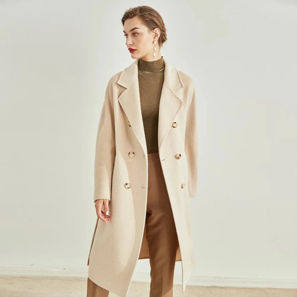 Double Breasted Cashmere Coat Elegant Belted Water Ripple Wool Coats Women