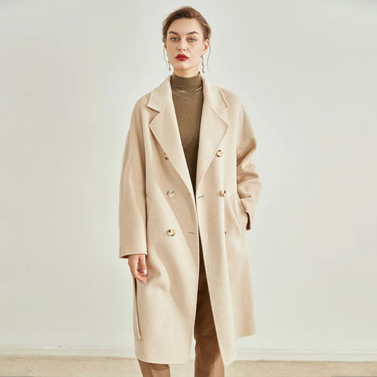 Double Breasted Cashmere Coat Elegant Belted Water Ripple Wool Coats Women