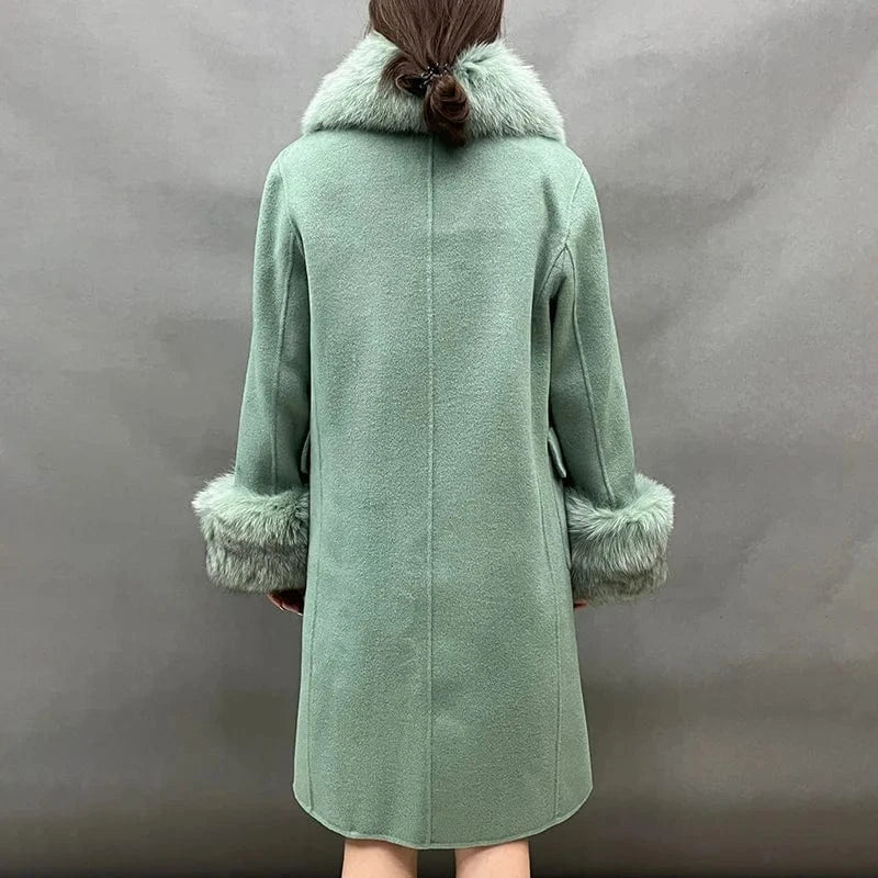 Double Sided Cashmere Coat Real Fox Fur Collar Cuffs Double Breasted Handmade Wool Coat