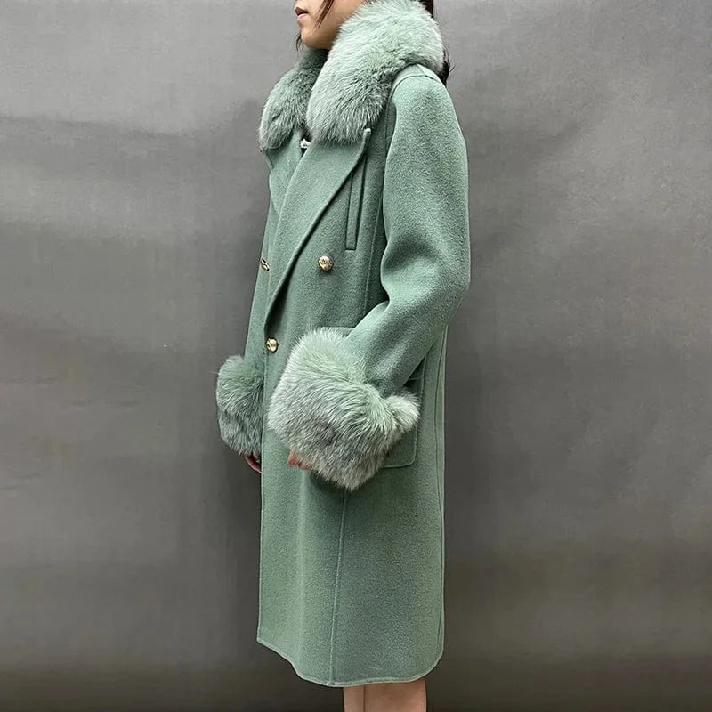 Double Sided Cashmere Coat Real Fox Fur Collar Cuffs Double Breasted Handmade Wool Coat