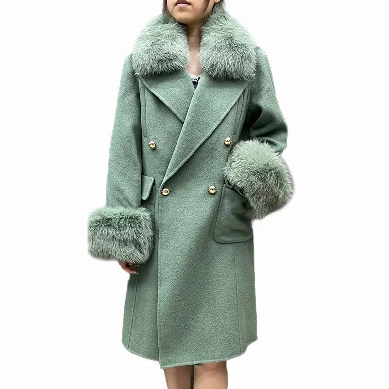 Double Sided Cashmere Coat Real Fox Fur Collar Cuffs Double Breasted Handmade Wool Coat