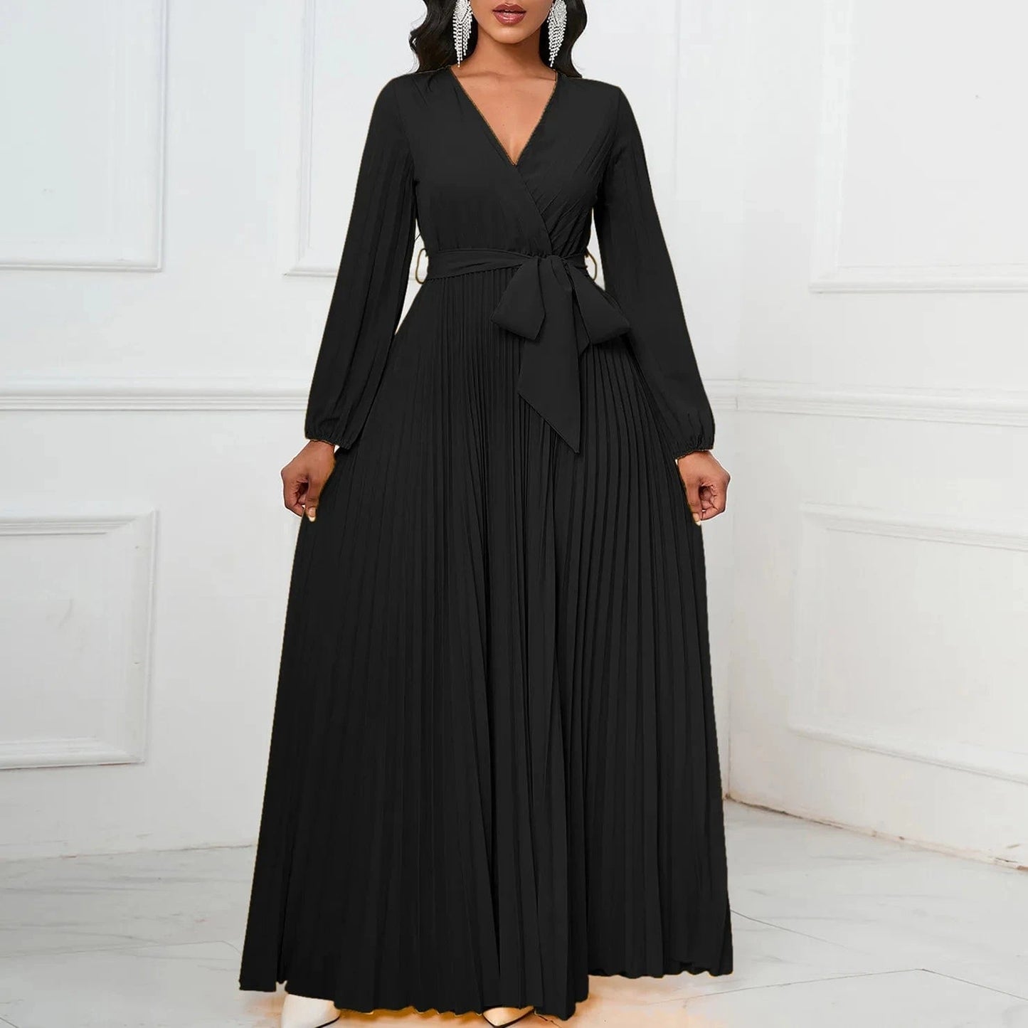 dress 2 XL / Black Solid printed maxi pleated elegant casual long dresses for ladies office lady