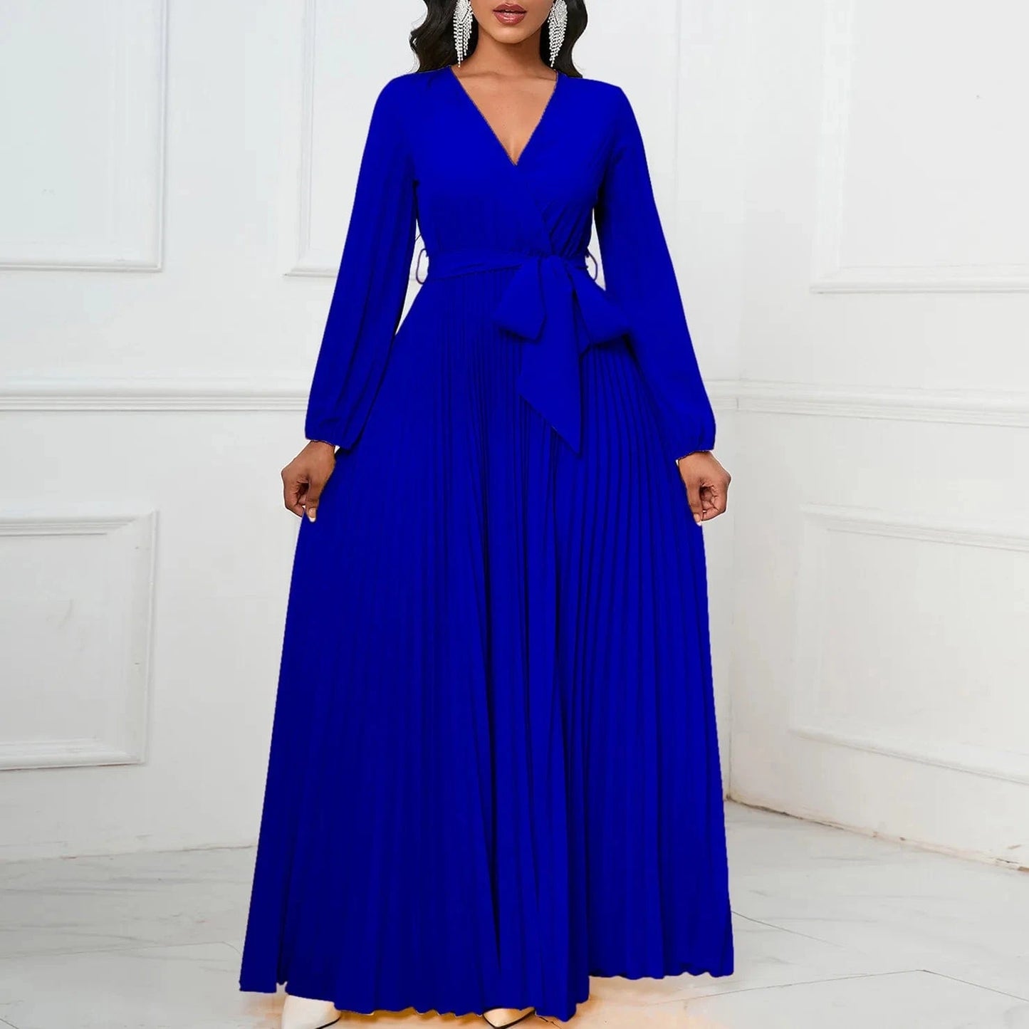 dress 2 XL / Blue Solid printed maxi pleated elegant casual long dresses for ladies office lady