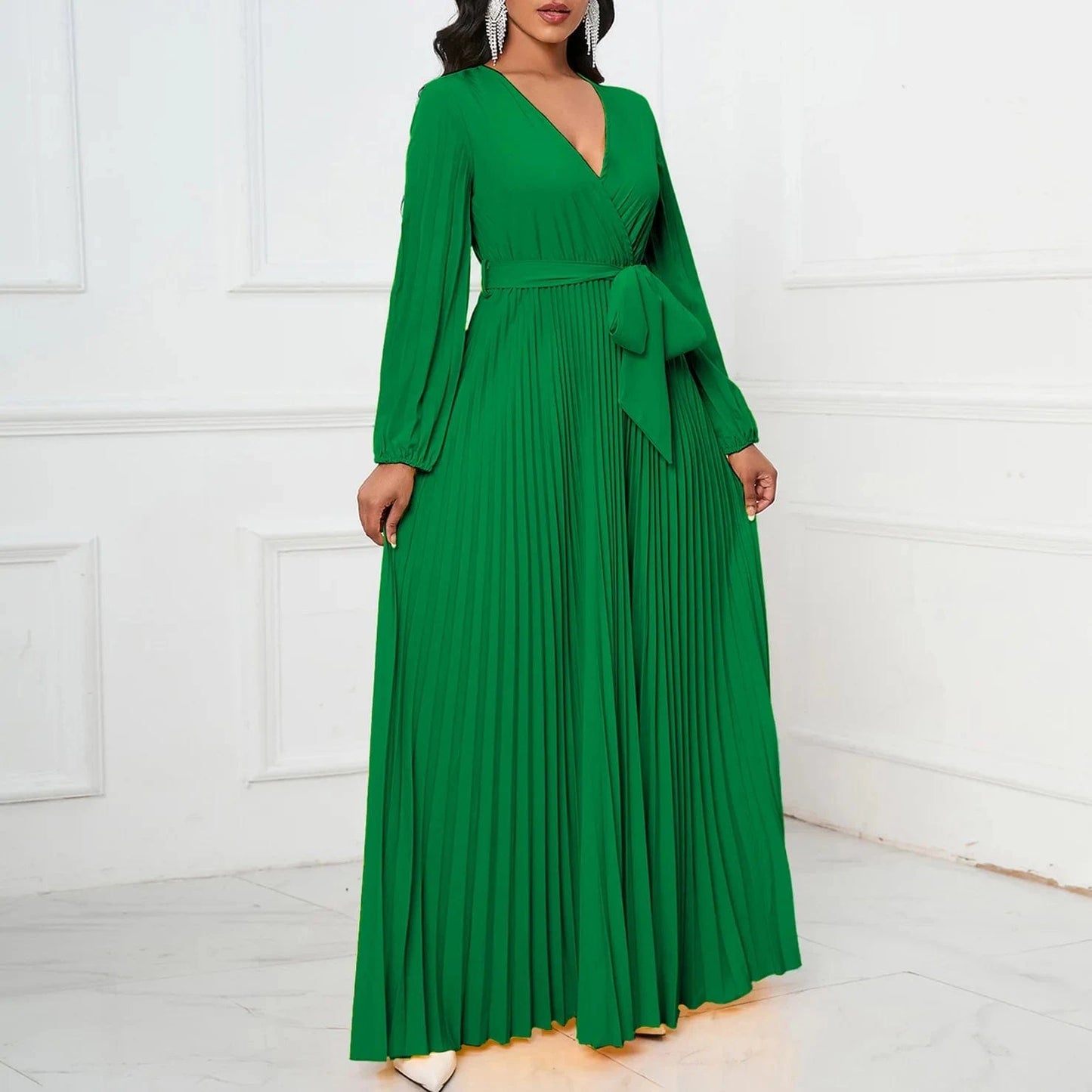 dress 2 XL / green Solid printed maxi pleated elegant casual long dresses for ladies office lady