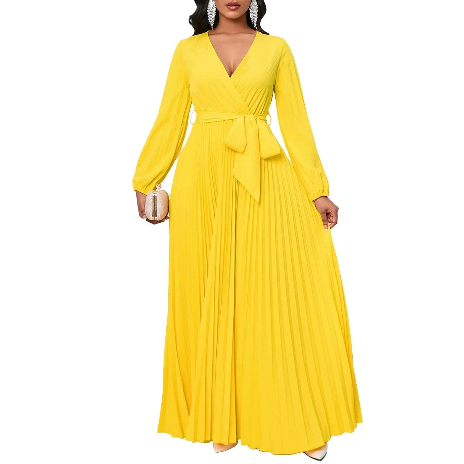 dress L / Yellow Solid printed maxi pleated elegant casual long dresses for ladies office lady
