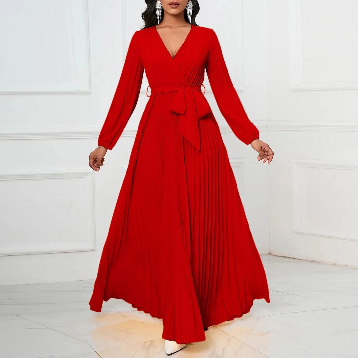 dress Solid printed maxi pleated elegant casual long dresses for ladies office lady