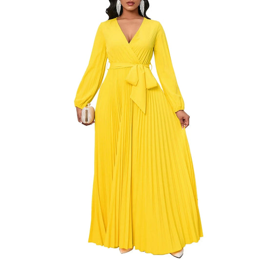 dress Solid printed maxi pleated elegant casual long dresses for ladies office lady