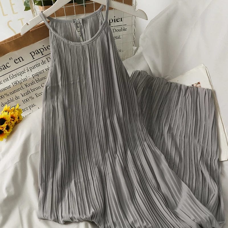 Dress Women Summer Retro Simple Chic Loose Off-shoulder Pleated Dresses Female Midi Sundress Trendy Sleeveless Vestidos Daily
