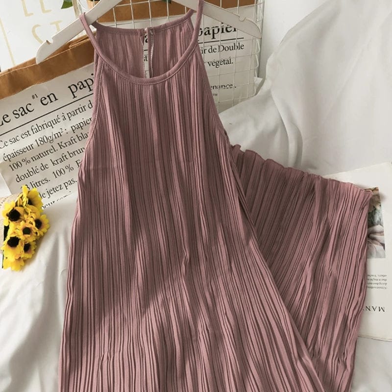 Dress Women Summer Retro Simple Chic Loose Off-shoulder Pleated Dresses Female Midi Sundress Trendy Sleeveless Vestidos Daily