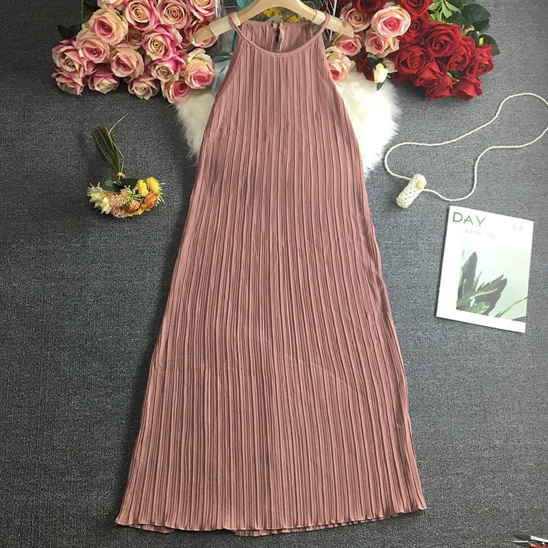 Dress Women Summer Retro Simple Chic Loose Off-shoulder Pleated Dresses Female Midi Sundress Trendy Sleeveless Vestidos Daily