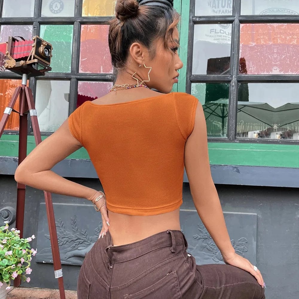 Drop Ship 2023 Women Crop Blouse Hem Square Neck Solid Color Bust Top