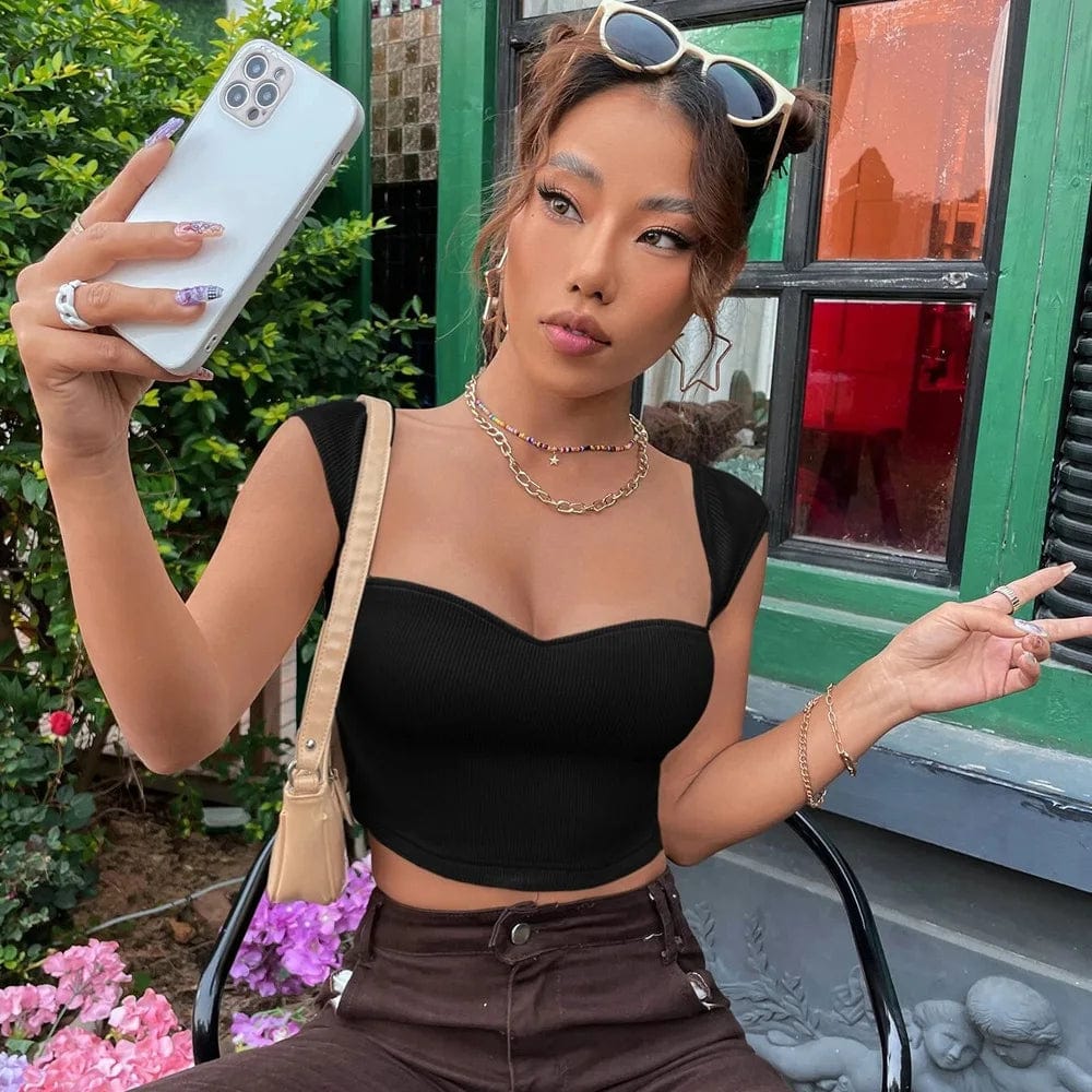 Drop Ship 2023 Women Crop Blouse Hem Square Neck Solid Color Bust Top