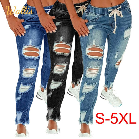Drop Ship Plus Size Fashion Designer Baggy Female Blue Distressed Ripped Jeans Trouser High Quality Jean For Women