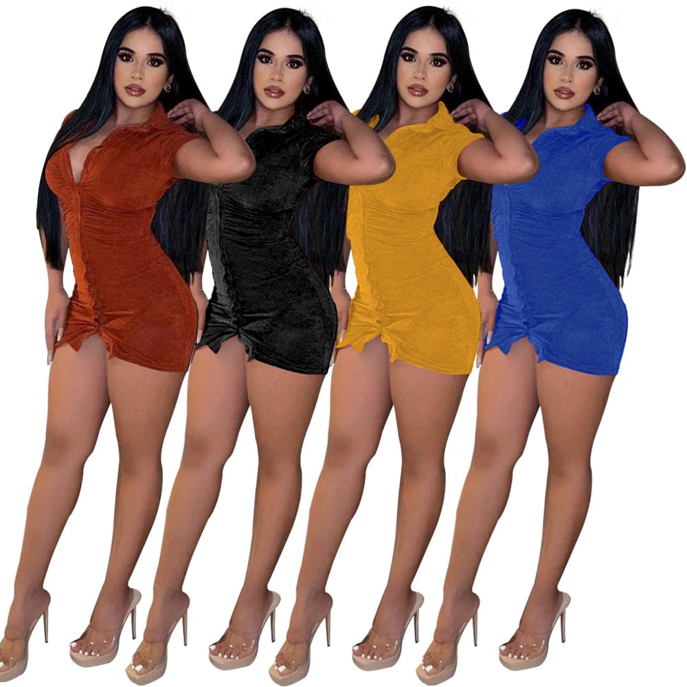 Drop shipping 2022 Summer New  Lapel Korean Velvet Casual Single-breasted Mini Dress