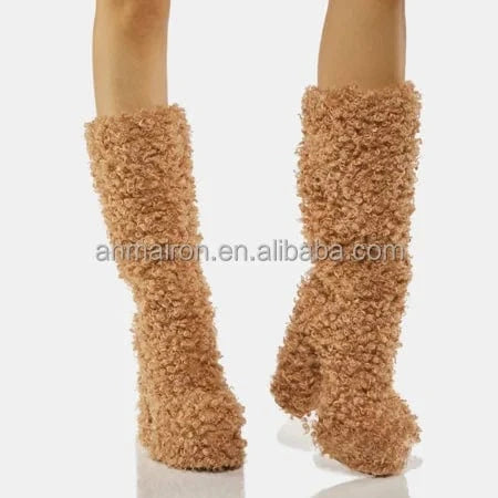 Drop shipping ankle boots wholesale brown fur short boots ANMAIRON chunky heel for women sexy platform boots