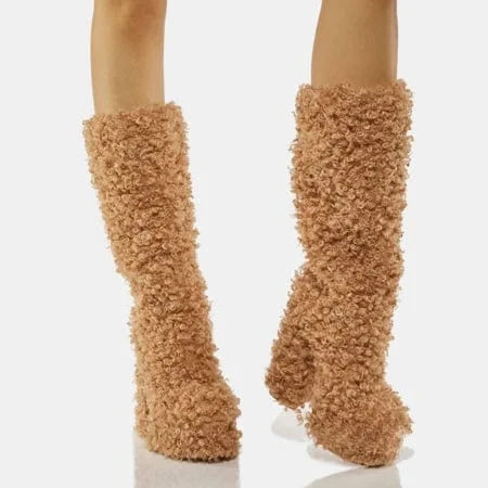 Drop shipping ankle boots wholesale brown fur short boots ANMAIRON chunky heel for women sexy platform boots