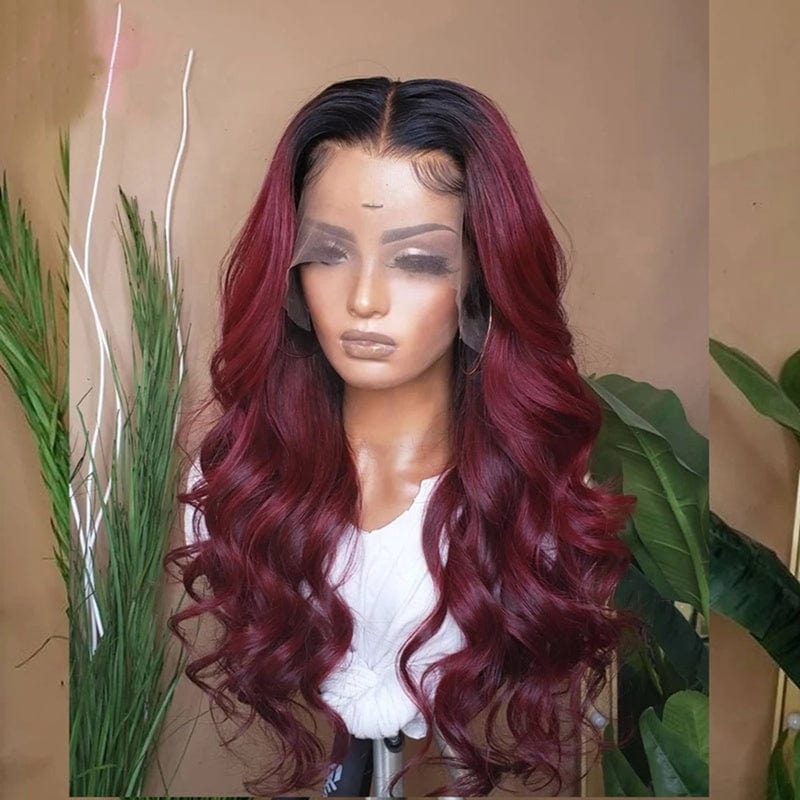 Drop Shipping Ocean Body Wave Ombre 99J Burgundy Color Virgin Brazilian Cuticle Aligned Hair Lace Front Wigs