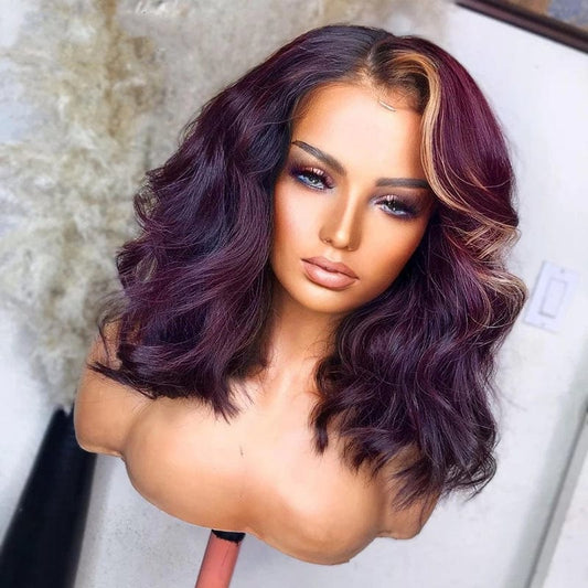 Drop Shipping Ombre Purple Color Natural Wave Invisible Knots Full Raw Cuticle Aligned Human Hair Lace Front Wigs