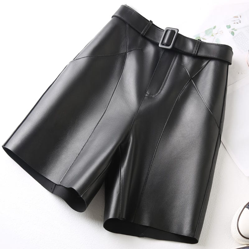 Drop Shipping Spring 22 Hot Short Pants Sheepskin Leather Fifth Pants High Waist Mid Length Pants Ladies With Belt