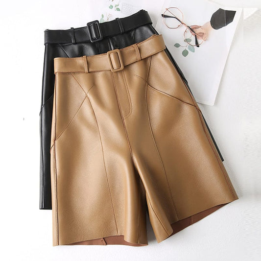 Drop Shipping Spring 22 Hot Short Pants Sheepskin Leather Fifth Pants High Waist Mid Length Pants Ladies With Belt