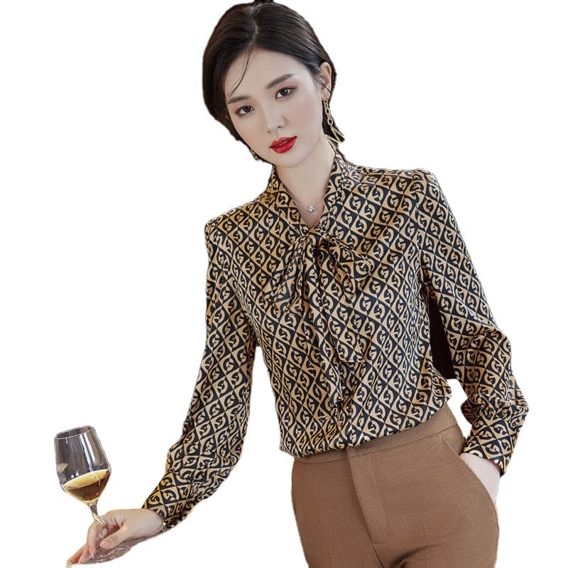 Dropship High-quality Satin Smooth Soft Bow Shirt for Tie Elegant Tops Full Sleeve Office Lady Geometric Pattern Women Blouse