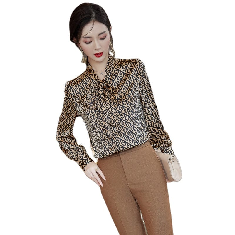 Dropship High-quality Satin Smooth Soft Bow Shirt for Tie Elegant Tops Full Sleeve Office Lady Geometric Pattern Women Blouse