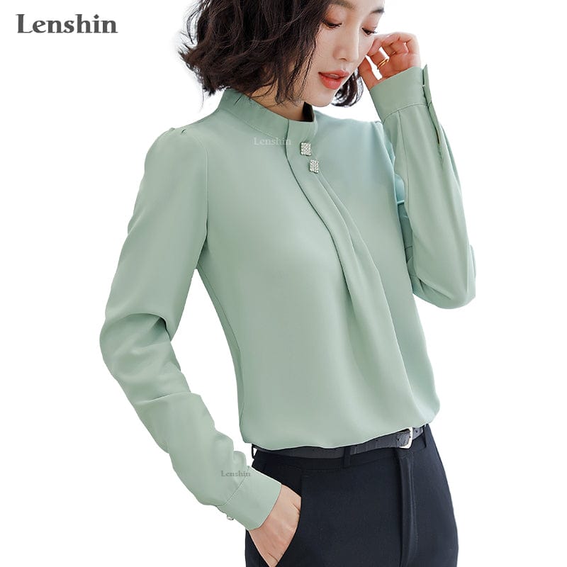 Dropship Soft and Comfortable Shirt Long Sleeve High-quality Blouse with Diamond Office Lady Work Wear Green Top for Women