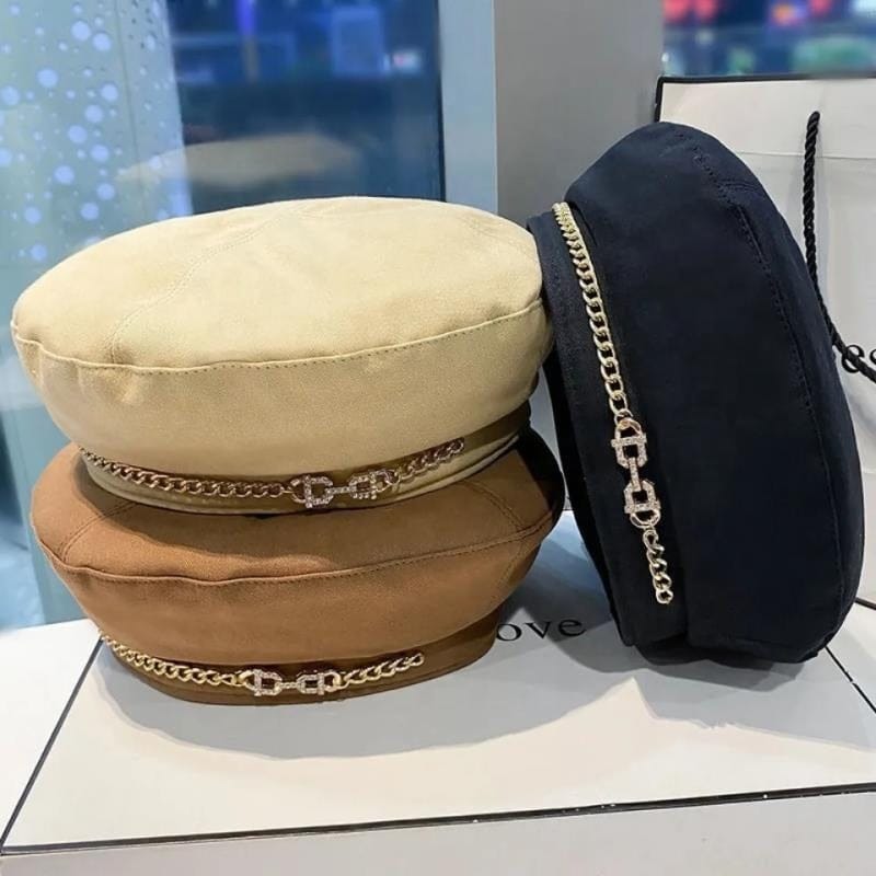 Dropshiping Spring and autumn new beret hat female British style wild trend painter hat diamond Rhinestone chain fashion beret