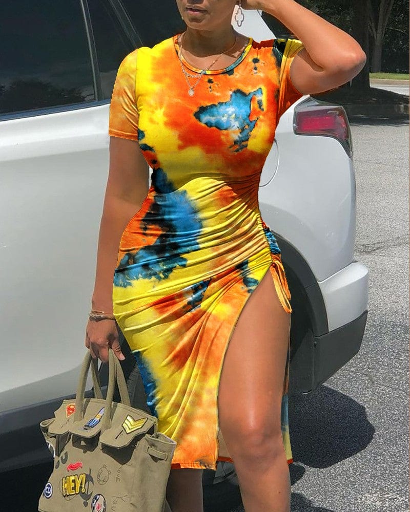 Dropshipping 2022 new arrival summer time short sleeve hip opening top women casual dress tie-dye body one step dress