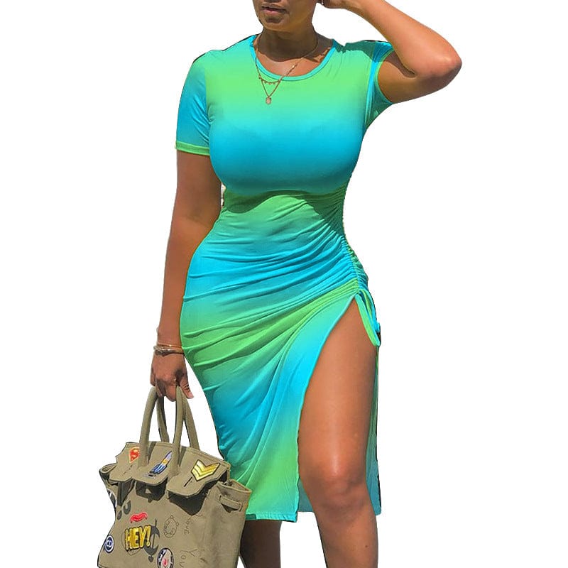 Dropshipping 2022 new arrival summer time short sleeve hip opening top women casual dress tie-dye body one step dress