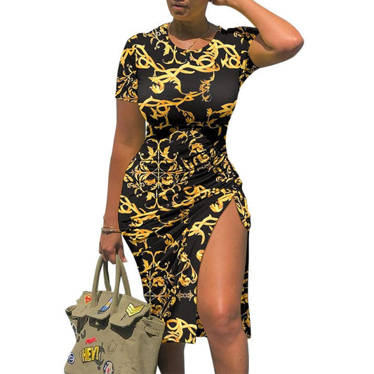 Dropshipping 2022 new arrival summer time short sleeve hip opening top women casual dress tie-dye body one step dress