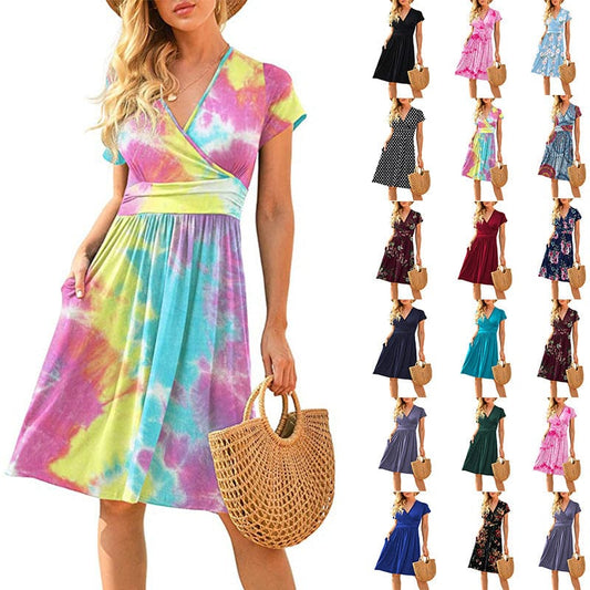 Dropshipping 2022 new print short sleeve dress off shoulder fashion element short sleeve casual dress