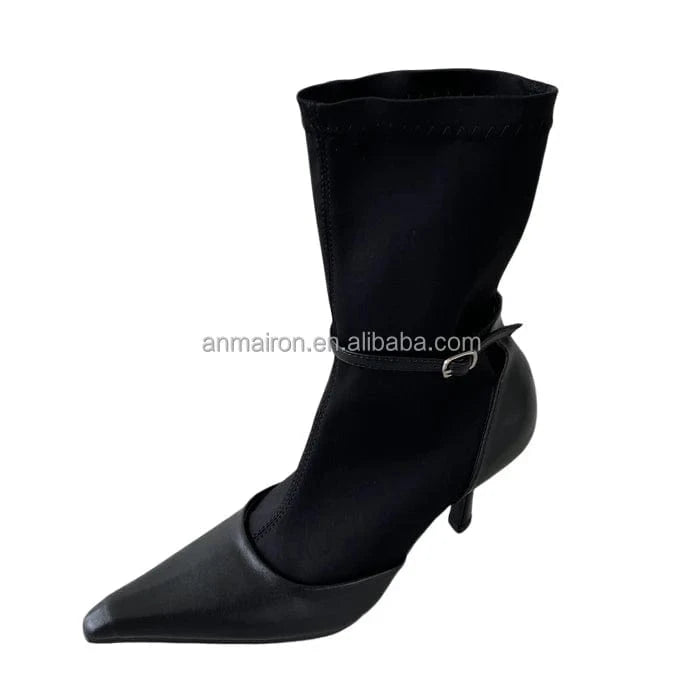 Dropshipping black leather sock and sandals boots ANMAIRON wholesale price stain boots pointed toe womens pumps