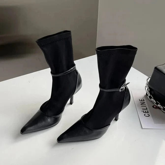 Dropshipping black leather sock and sandals boots ANMAIRON wholesale price stain boots pointed toe womens pumps