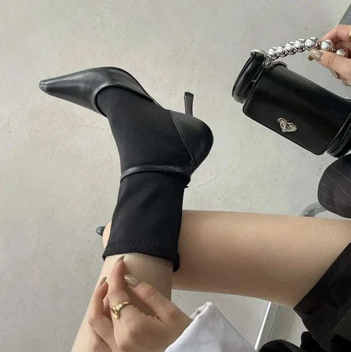 Dropshipping black leather sock and sandals boots ANMAIRON wholesale price stain boots pointed toe womens pumps