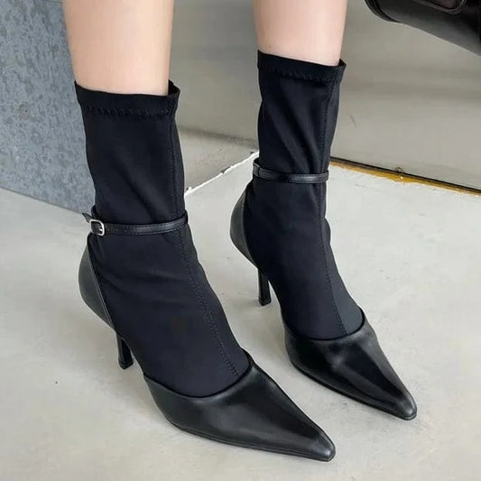 Dropshipping black leather sock and sandals boots ANMAIRON wholesale price stain boots pointed toe womens pumps