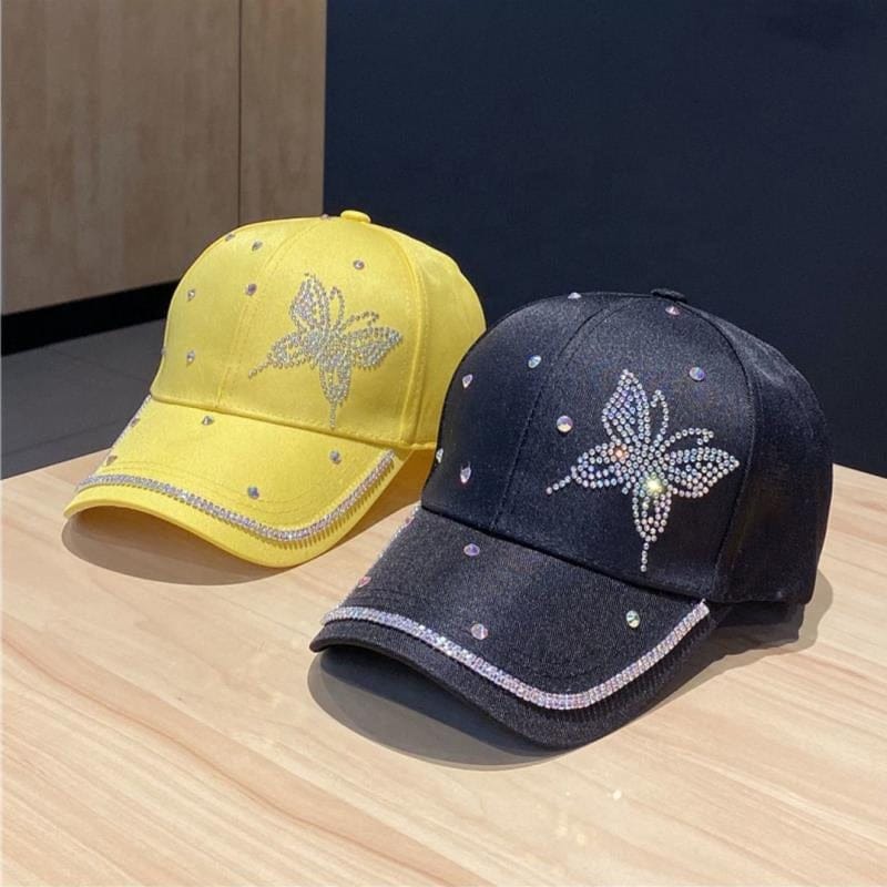 Dropshipping Jeans Crystal Shiny Travel Sunshade Rhinestone Butterfly Baseball Cap Fashion Satin Sunscreen Visor Cap