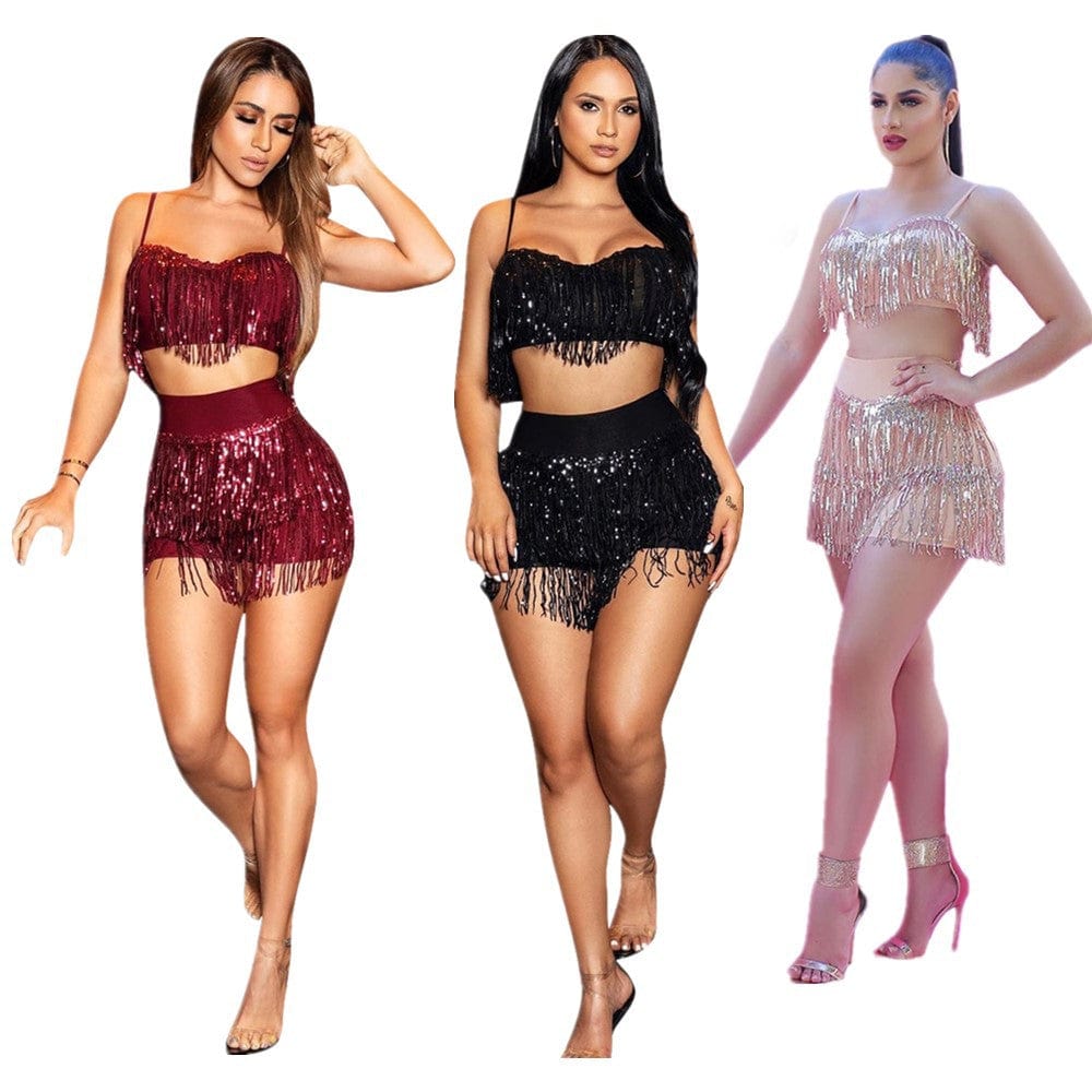dropshipping lady women clothes summer sexy sequin tassel nightclub inspired sequins crop top shorts two piece women's sets