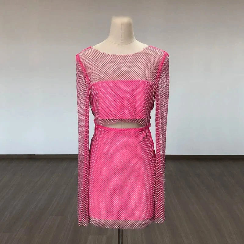 Dropshipping Products Women's High End Mesh Sets 2 Piece Set Beaded Two Piece Skirt Set Suits