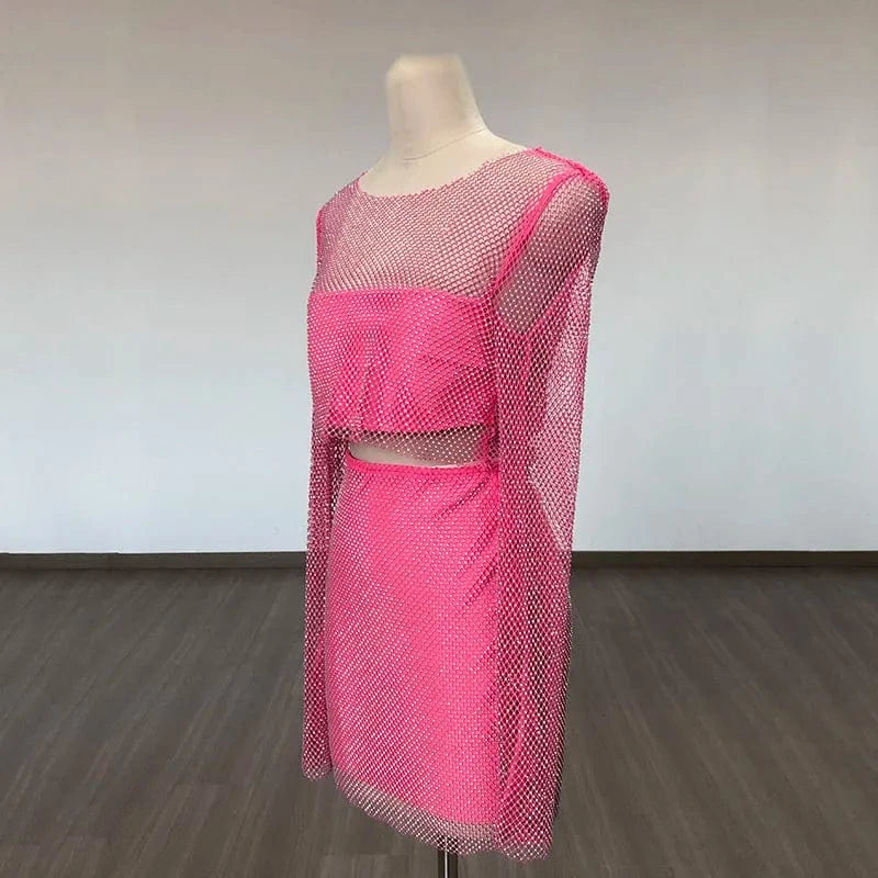 Dropshipping Products Women's High End Mesh Sets 2 Piece Set Beaded Two Piece Skirt Set Suits