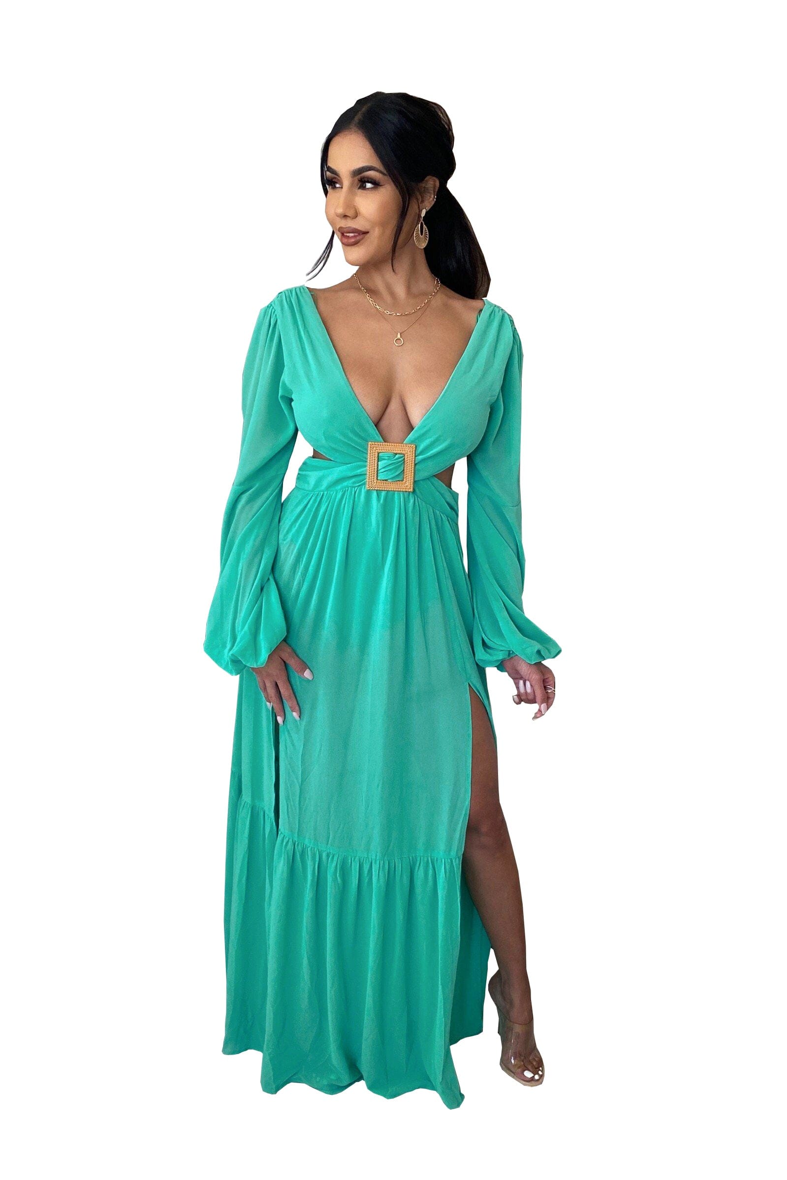 Dropshipping Solid Color Hollow Out Backless V Neck Irregular Long Maxi Dress For Women With Lantern Sleeve
