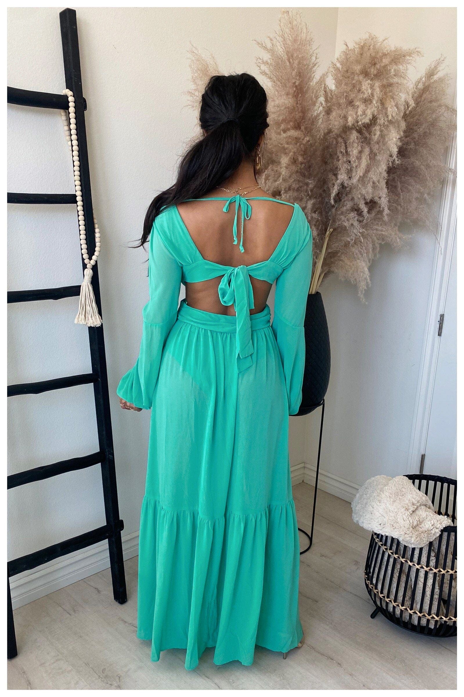 Dropshipping Solid Color Hollow Out Backless V Neck Irregular Long Maxi Dress For Women With Lantern Sleeve
