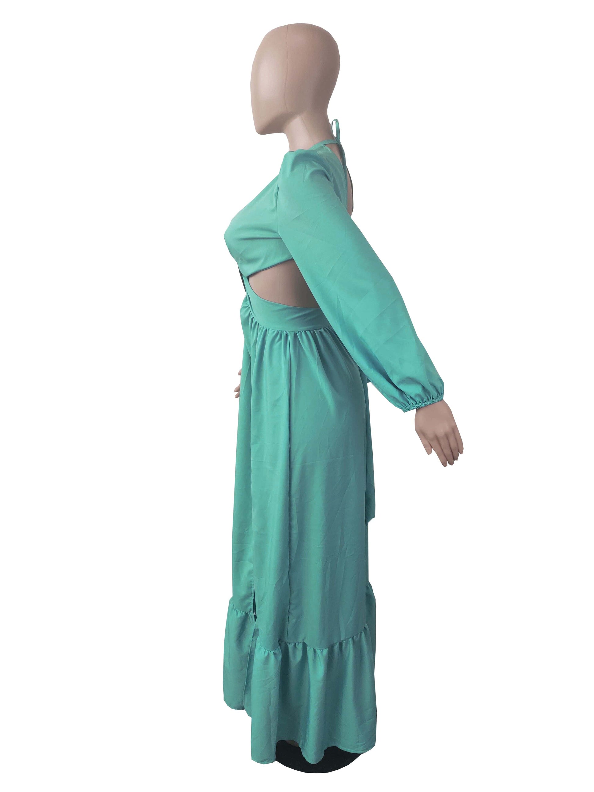 Dropshipping Solid Color Hollow Out Backless V Neck Irregular Long Maxi Dress For Women With Lantern Sleeve