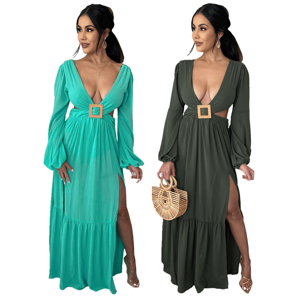 Dropshipping Solid Color Hollow Out Backless V Neck Irregular Long Maxi Dress For Women With Lantern Sleeve