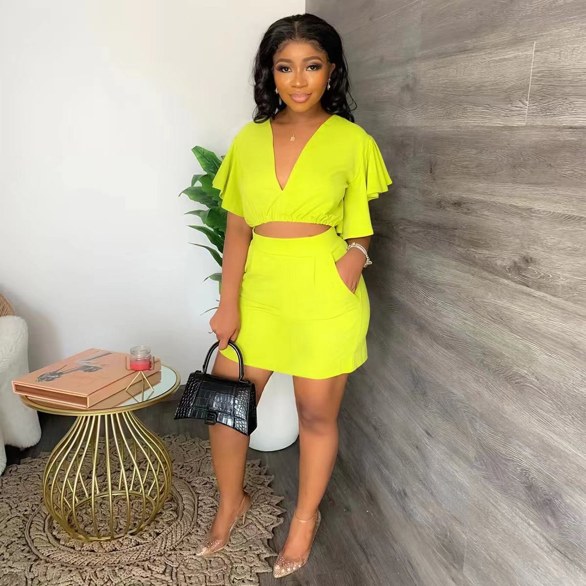 dropshipping summer womens dress women clothing set ladies Deep V lotus crop top casual two piece women's sets skirts