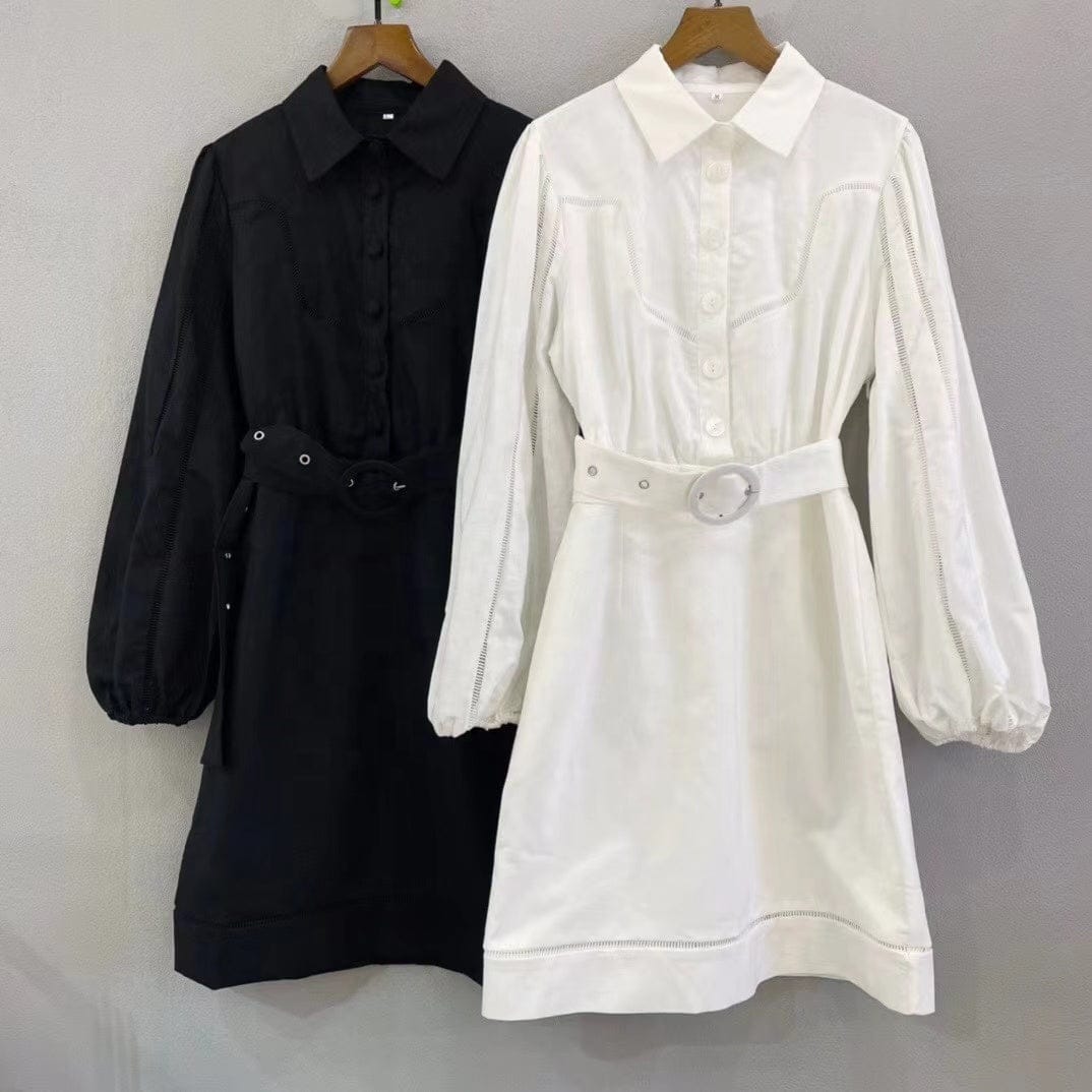 Dropshipping Womans Clothes One Pice Dress White Black Long Sleeve High Waist Midi Semi Formal Shirt  Dresses With Belt