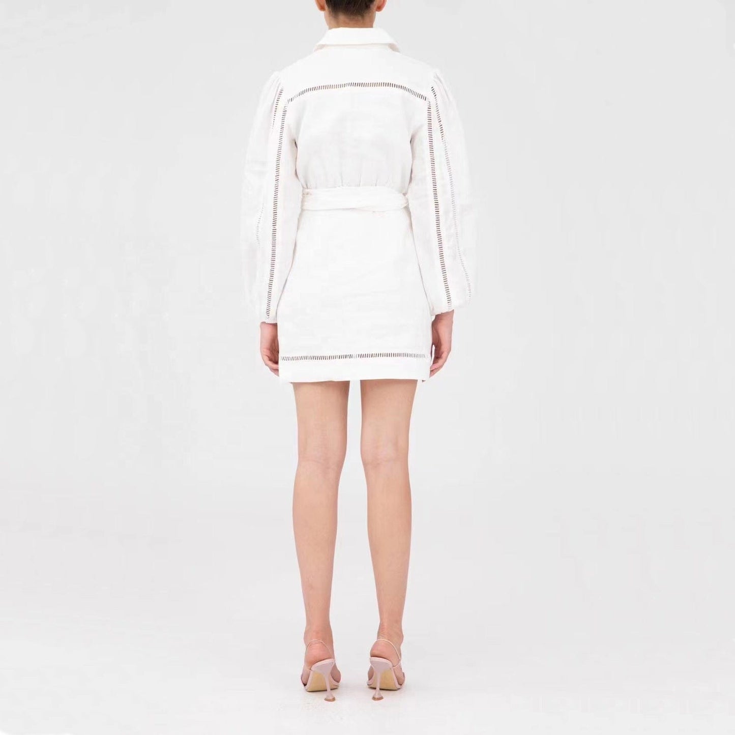 Dropshipping Womans Clothes One Pice Dress White Black Long Sleeve High Waist Midi Semi Formal Shirt  Dresses With Belt