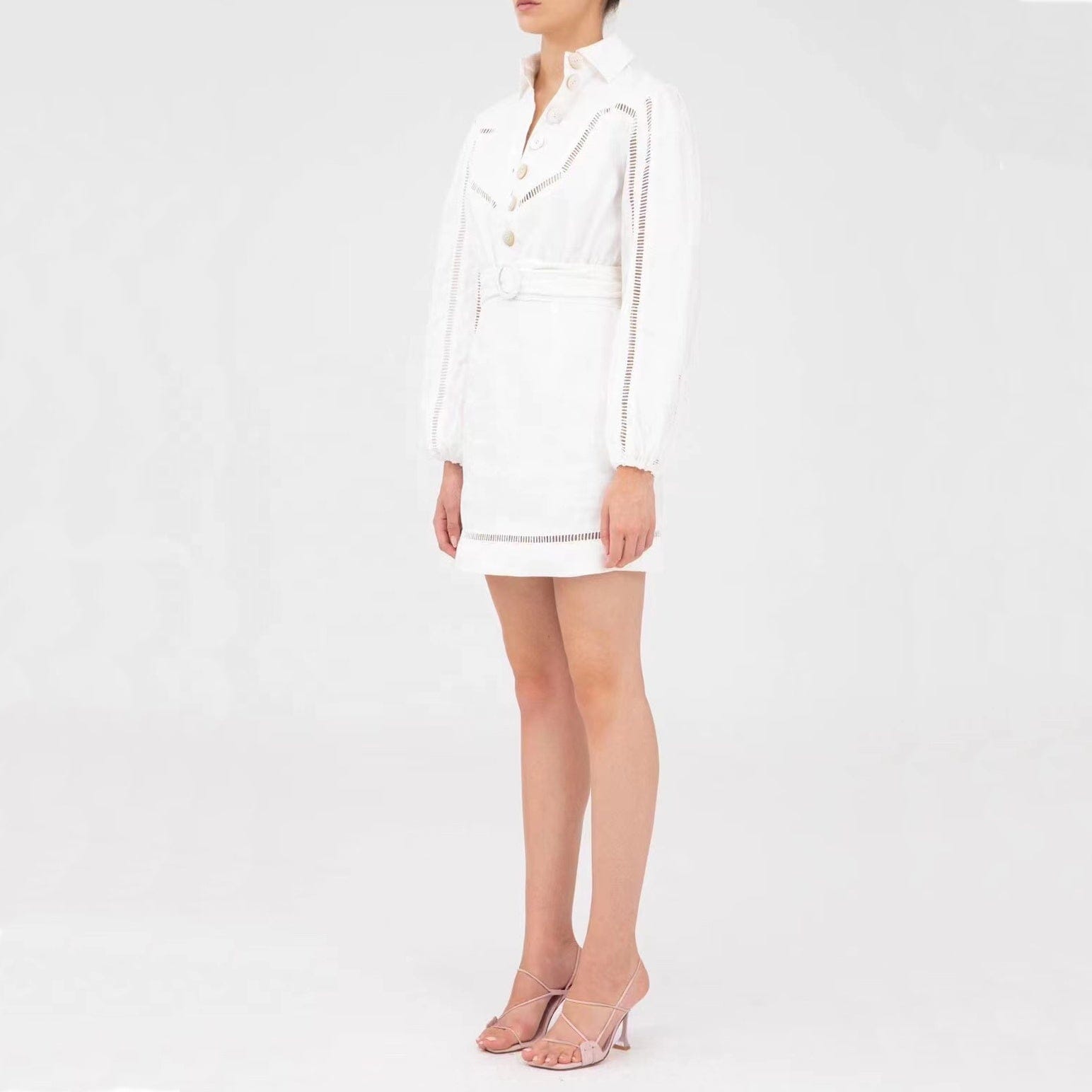 Dropshipping Womans Clothes One Pice Dress White Black Long Sleeve High Waist Midi Semi Formal Shirt  Dresses With Belt